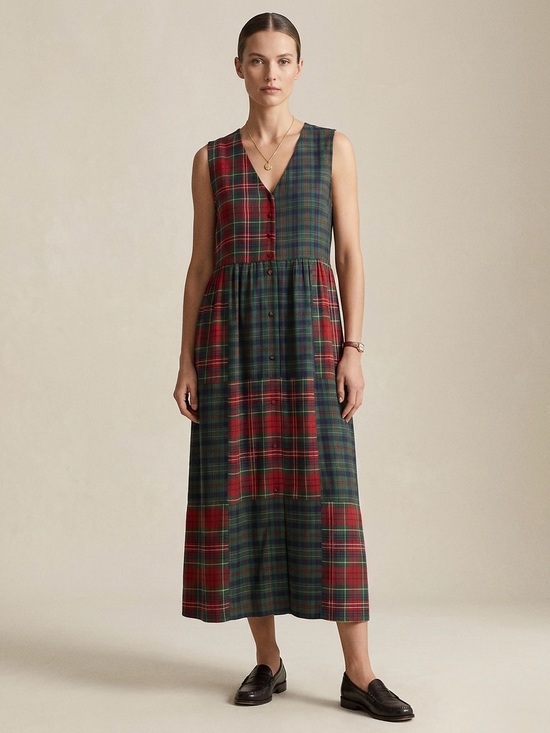 Vintage Dresses & Skirts - Vintage Plaid Tartan Maxi Pinafore Dress Size XL Red Green
